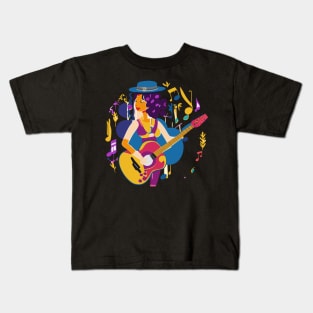 a music-inspired t-shirt design for a fictional band or artist.  a combination of musical elements, typography, and vibrant colors to convey the music’s energy Kids T-Shirt